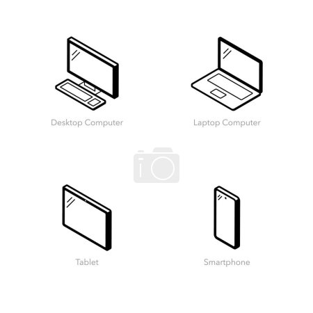 Illustration for Simple set of end users cloud computing icons. Contains such symbols as Desktop computer, Laptop computer, Tablet, Smartphone. - Royalty Free Image
