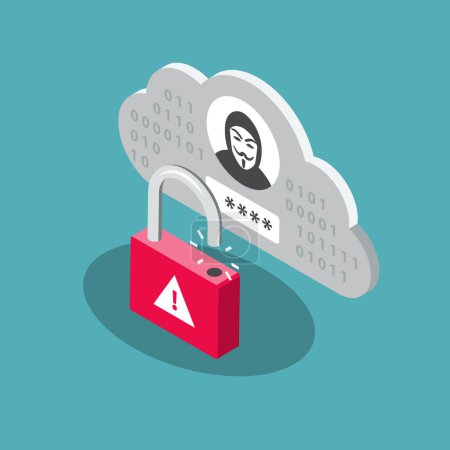 Illustration for Cloud account hijacking symbol with an unlocked padlock and a stolen user account. Flat design, easy to use for your website or presentation. - Royalty Free Image