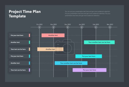 Illustration for Project time plan template with six project tasks in time intervals - dark version. Can be used for your website or presentation. - Royalty Free Image