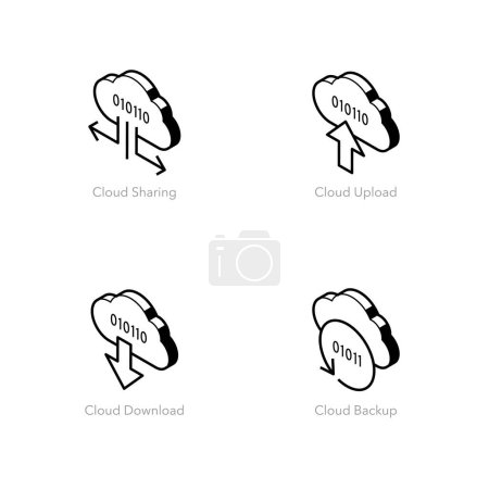 Ilustración de Conjunto simple de iconos de computación en nube. Contiene símbolos como Cloud Sharing, Upload, Download y Backup. - Imagen libre de derechos
