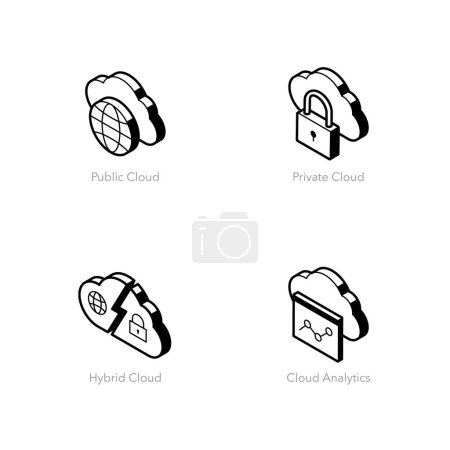 Illustration for Simple set of cloud computing icons. Contains such symbols as Public, Private, Hybrid Cloud and Analytics. - Royalty Free Image