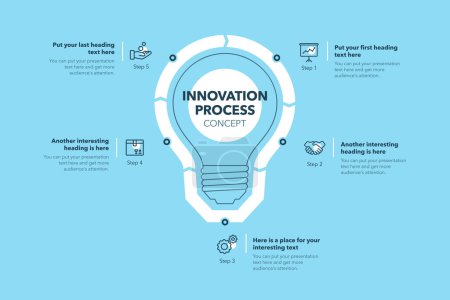 Téléchargez les illustrations : Modèle de processus d'innovation en cinq étapes - version bleue. Diagramme de présentation avec une ampoule comme symbole principal. - en licence libre de droit