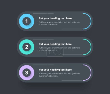 Illustration for Diagram with three steps with numbers and a place for your text - dark version. Flat infographic design. - Royalty Free Image