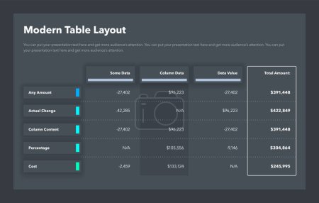 Illustration for Modern table layout template with a total amount column - dark version. Simple flat template for project data visualization. - Royalty Free Image