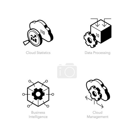 Illustration for Simple set of cloud analytics icons. Contains such symbols as Data Processing, Business Intelligence, Cloud Statistic and Management. - Royalty Free Image