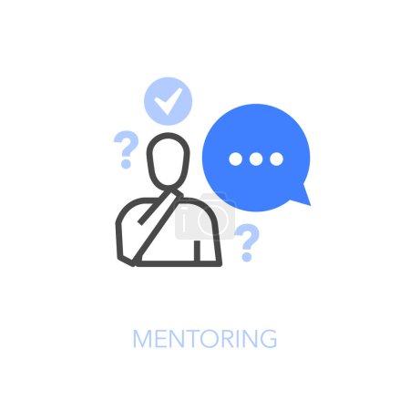 Téléchargez les illustrations : Symbole d'icône de mentorat visualisé simple avec une personne moins expérimentée et une bulle vocale. - en licence libre de droit