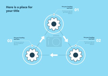 Ilustración de Infografía del proceso de engranaje con tres pasos - versión azul. Diseño de gráfico simple para diseño de flujo de trabajo, diagrama, banner, diseño web. - Imagen libre de derechos