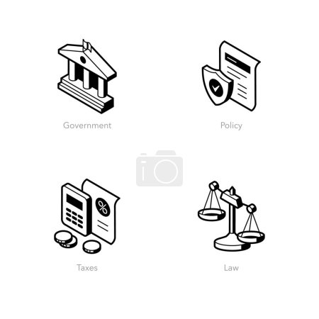 Ilustración de Conjunto simple de iconos de la gobernanza nacional. Contiene símbolos tales como Gobierno, Política, Impuestos y Ley. - Imagen libre de derechos