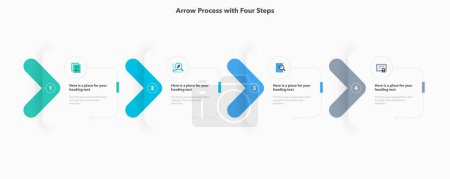 Illustration for Arrow process flow diagram with four colorful stages. Presentation template with thin lines and flat icons. - Royalty Free Image