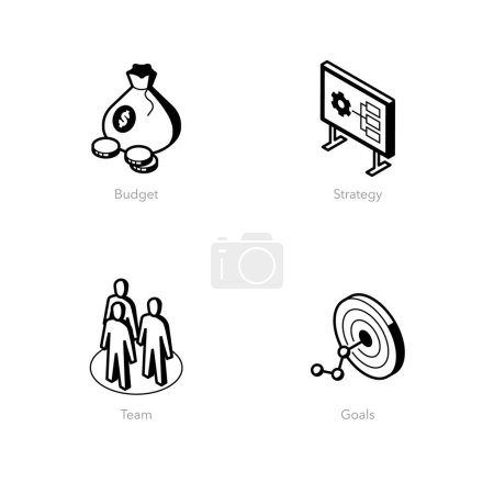 Ilustración de Conjunto simple de iconos del plan de negocio. Contiene símbolos como Presupuesto, Estrategia, Equipo y Metas. - Imagen libre de derechos