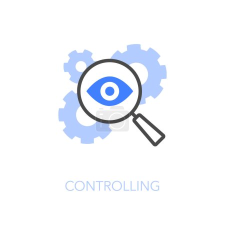 Ilustración de Símbolo de icono de control visualizado simple con una lupa con ojo humano y ruedas dentadas. - Imagen libre de derechos