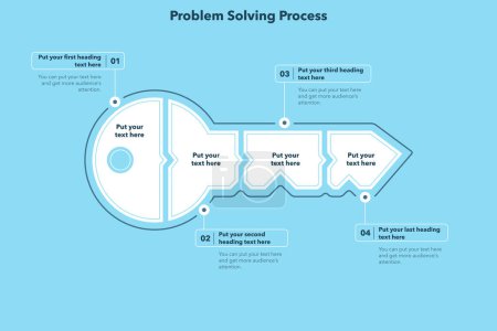 Téléchargez les illustrations : Infographie de processus de résolution de problèmes en quatre étapes - version bleue. Modèle plat simple pour la visualisation des données de projet. - en licence libre de droit