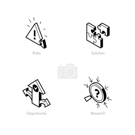 Téléchargez les illustrations : Ensemble simple d'icônes de plan d'affaires. Contient des symboles tels que Risques, Solution, Opportunité et Recherche. - en licence libre de droit