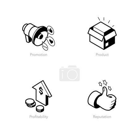 Ilustración de Conjunto simple de iconos de línea isométrica para la comercialización. Contiene símbolos como Promoción, Producto, Rentabilidad y Reputación. - Imagen libre de derechos