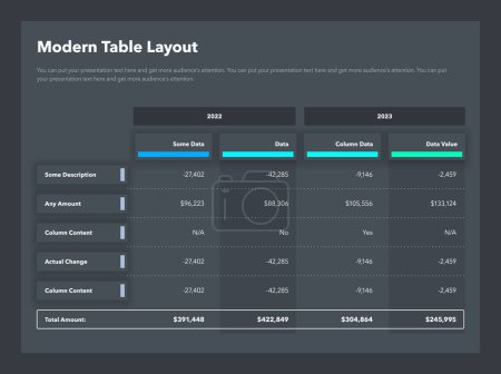 Illustration for Modern table layout template with years columns and a total sum row - dark version. Simple flat template for data visualization. - Royalty Free Image