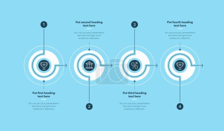 Illustration for Horizontal process infographic template with four stages - blue version. Flat presentation diagram with thin lines and minimalistic icons. - Royalty Free Image