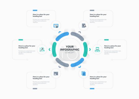 Illustration for Cycle diagram concept divided into six steps with flat icons and place for your texts. Modern infographic design template for project data visualization. - Royalty Free Image