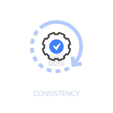Ilustración de Símbolo de icono de consistencia visualizado simple con una flecha de proceso dividida en algunos pasos y una rueda dentada. - Imagen libre de derechos