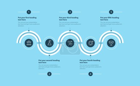 Illustration for Horizontal process infographic template with five stages - blue version. Flat presentation diagram with thin lines and minimalistic icons. - Royalty Free Image