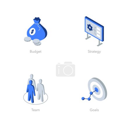 Ilustración de Conjunto simple de iconos planos isométricos para el plan de negocios. Contiene símbolos como Presupuesto, Estrategia, Equipo y Metas. - Imagen libre de derechos