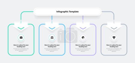 Illustration for Process flow diagram divided into four options. Moder infographic with minimalistic icons and place for your texts. - Royalty Free Image
