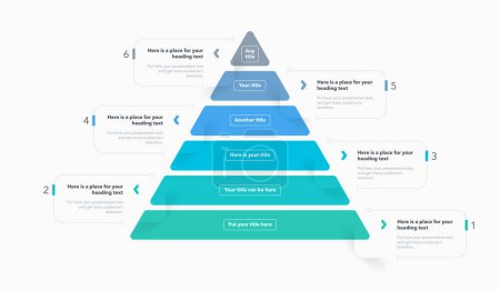 Illustration for Triangle pyramid chart template with six colorful steps. Infographic diagram divided into six options with numbers. - Royalty Free Image