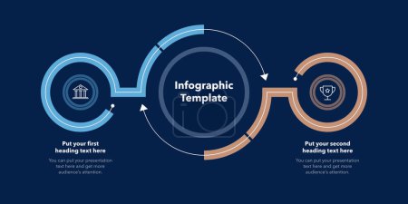 Illustration for Simple diagram with two stages with icons and a place for your text - dark version. Flat infographic design for website, marketing or promotion. - Royalty Free Image