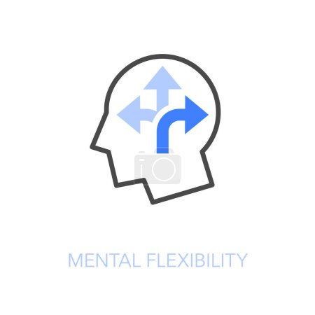 Téléchargez les illustrations : Symbole d'icône de flexibilité mentale visualisée simple avec une tête humaine et des flèches de direction. - en licence libre de droit