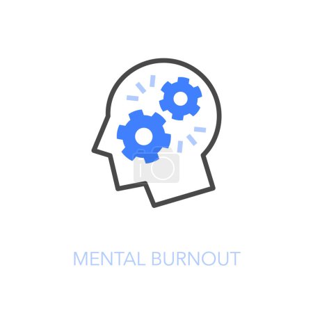 Ilustración de Símbolo de icono de burnout mental visualizado simple con una cabeza humana y ruedas dentadas rotas. - Imagen libre de derechos