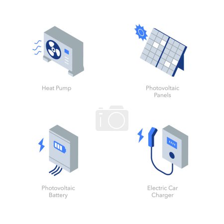 Téléchargez les illustrations : Ensemble simple d'icônes plates isométriques pour les énergies renouvelables. Contient des icônes telles que pompe à chaleur, panneaux photovoltaïques, batterie photovoltaïque et chargeur de voiture électrique. - en licence libre de droit