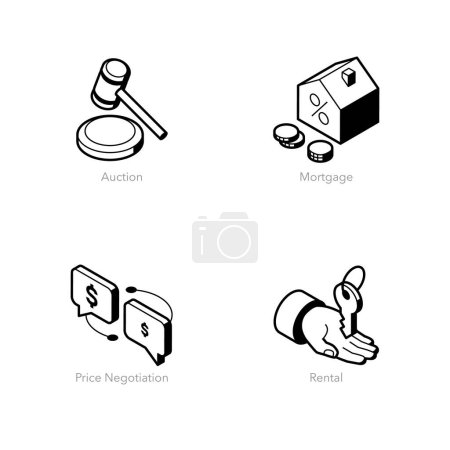 Illustration for Simple set of isometric line icons for real estate. Contains such symbols as Auction, Mortgage, Price Negotiation and Rental. - Royalty Free Image