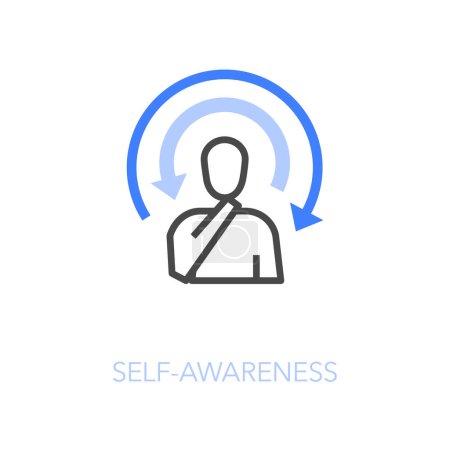 Illustration for Simple visualised self-awareness icon symbol with a thinking person and process arrows. - Royalty Free Image