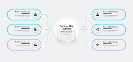 Illustration for Modern flowchart infographic with central circle and six colorful options. Simple flat presentation diagram with icons and places for your texts. - Royalty Free Image