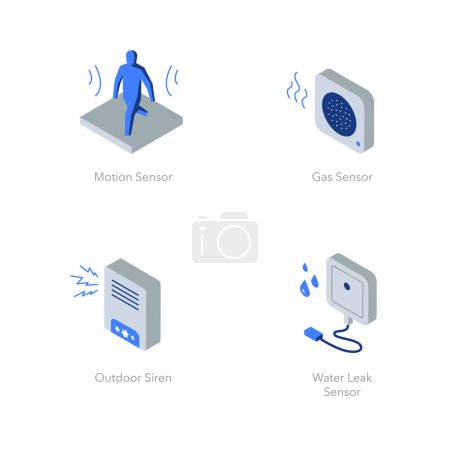 Simple set of isometric flat icons for home security 2. Contains such symbols as Motion sensor, Gas sensor, Outdoor siren and Water leak sensor.