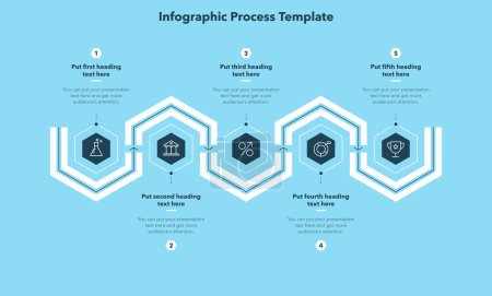 Illustration for Horizontal process infographic template with five stages - blue version. Flat presentation diagram with hexagons and minimalistic icons. - Royalty Free Image