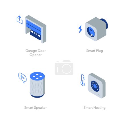 Illustration for Simple set of isometric flat icons for smart home 2. Contains such symbols as Garage door opener, Smart plug, Smart speaker and Smart heating. - Royalty Free Image