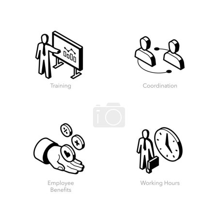 Ensemble simple d'icônes isométriques pour l'emploi 1. Contient des symboles tels que la formation, la coordination, les avantages sociaux et les heures de travail.