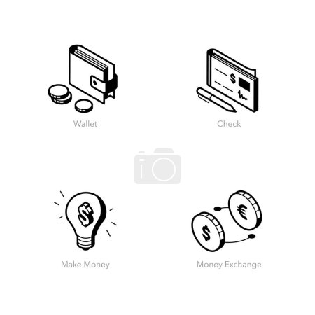 Illustration for Simple set of isometric line icons for finance 1. Contains such symbols as Wallet, Check, Make Money and Money Exchange. - Royalty Free Image