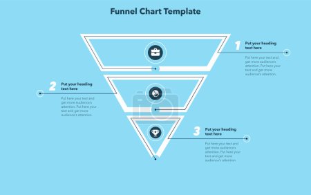 Illustration for Funnel chart template with 3 sections - blue version. Creative diagram divided into three parts with minimalistic icons. - Royalty Free Image