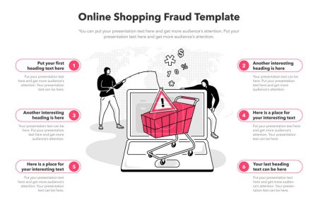 Illustration for Simple infographic template for online shopping fraud. 6 stages template with a laptop computer and a fake shopping cart. - Royalty Free Image