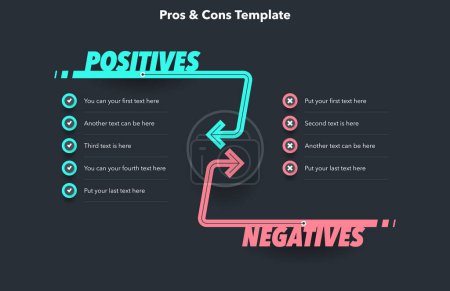 Illustration for Pros and cons diagram with place for your content - dark version. Simple flat template for positive and negative comparison. - Royalty Free Image