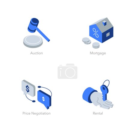 Illustration for Simple set of isometric flat icons for real estate. Contains such symbols as Auction, Mortgage, Price Negotiation and Rental. - Royalty Free Image