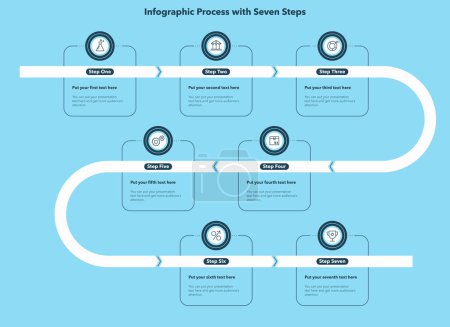 Ilustración de Diagrama de proceso infográfico dividido en siete pasos con iconos minimalistas - versión azul. Diseño de gráfico simple para diseño de flujo de trabajo, diagrama, banner, diseño web. - Imagen libre de derechos