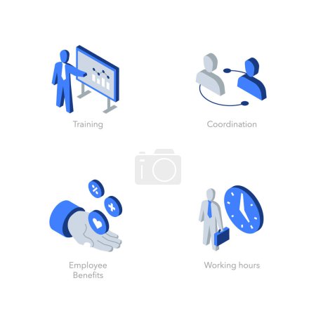 Ensemble simple d'icônes plates isométriques pour l'emploi 1. Contient des symboles tels que la formation, la coordination, les avantages sociaux et les heures de travail.