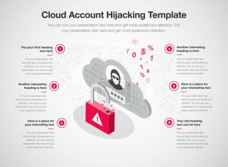 Téléchargez les illustrations : Simple infographic template for cloud account hijacking. 6 stages template with an unlocked padlock and a stolen user account as a main symbol. - en licence libre de droit