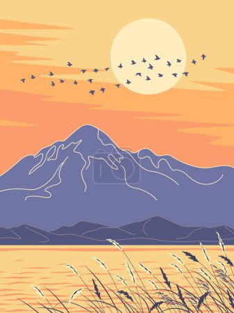 Illustration for Serenity evening oriental landscape. Simple nature scene with mountains, wild cereals and birds flying against the sun. Bird flock silhouette on sunset. Vector minimalistic illustration. - Royalty Free Image