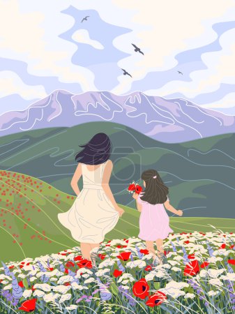 Ilustración de Young woman and little girl walking among red and white wild flowers. People enjoy the scenery with mountains, floating clouds and flying birds in sky. Calm landscape simple vector illustration. - Imagen libre de derechos