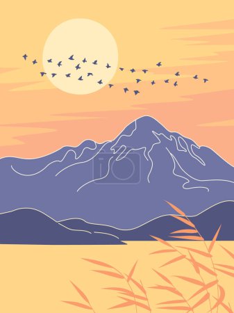 Illustration for Serenity autumn oriental landscape. Simple nature scene with mountains, reeds and birds flying against the sun. Bird flock silhouette on sunset. Vector minimalistic illustration. - Royalty Free Image