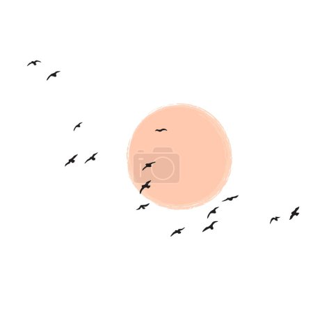 Illustration for Birds group flying against the sun or moon. Bird flock silhouette at dawn or sunset isolated on white background. Vector minimalistic illustration. - Royalty Free Image