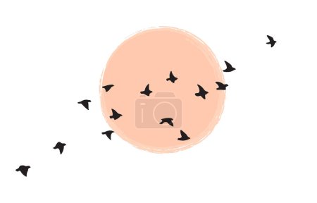 Illustration for Birds group flying against the sun or moon. Bird flock silhouette at dawn or sunset isolated on white background. Vector minimalistic illustration. - Royalty Free Image